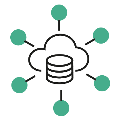 Cloud with central database icon connected to multiple nodes – representing scalable seismic data capacity in the Sharp Reflections platform