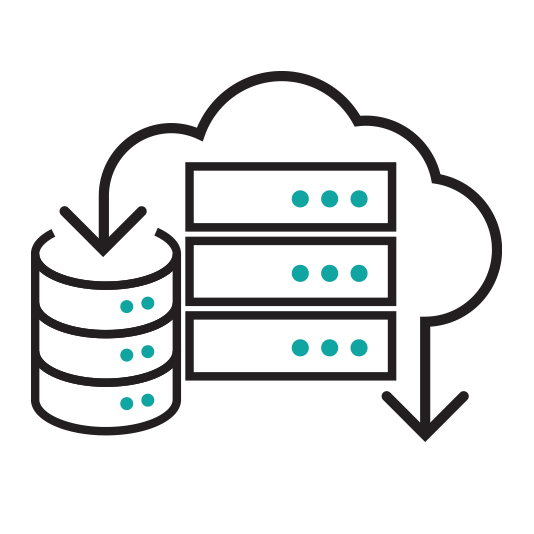 Capacity icon – stacked servers with cloud and arrow symbolizing powerful computing for enormous seismic data volumes on the Sharp Reflections platform